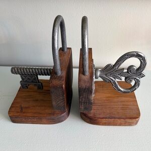Wood and Metal Heart and Key Bookends